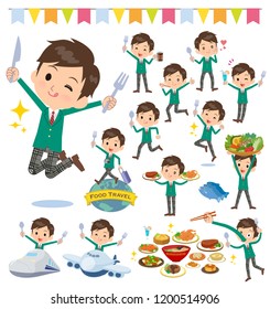 A set of School boy on food events.There are actions that have a fork and a spoon and are having fun.It's vector art so it's easy to edit.