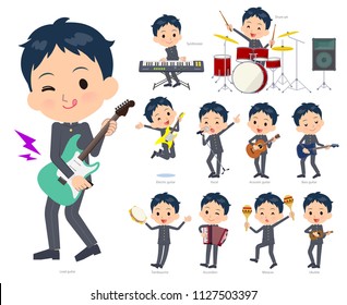 A set of School boy playing rock 'n' roll and pop music.There are also various instruments such as ukulele and tambourine.It's vector art so it's easy to edit.