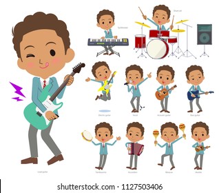 A set of School boy playing rock 'n' roll and pop music.There are also various instruments such as ukulele and tambourine.It's vector art so it's easy to edit.