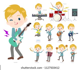 A set of School boy playing rock 'n' roll and pop music.There are also various instruments such as ukulele and tambourine.It's vector art so it's easy to edit.