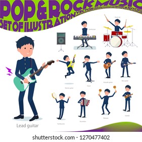 A set of school boy playing rock 'n' roll and pop music.There are also various instruments such as ukulele and tambourine.It's vector art so it's easy to edit.