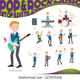 A set of school boy playing rock 'n' roll and pop music.There are also various instruments such as ukulele and tambourine.It's vector art so it's easy to edit.
