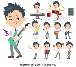 A set of school boy playing rock 'n' roll and pop music.There are also various instruments such as ukulele and tambourine.It's vector art so it's easy to edit.
