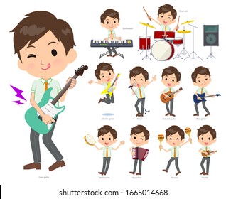A set of school boy playing rock 'n' roll and pop music.There are also various instruments such as ukulele and tambourine.It's vector art so it's easy to edit.
