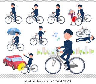 A set of school boy riding a city cycle.There are actions on manners and troubles.It's vector art so it's easy to edit.