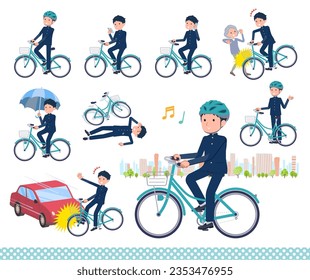 A set of School boy riding a city cycle.It's vector art so easy to edit.