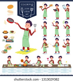 A set of school boy in sportswear about cooking.There are actions that are cooking in various ways in the kitchen.It's vector art so it's easy to edit.