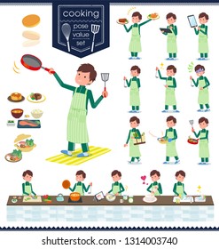 A set of school boy in sportswear about cooking.There are actions that are cooking in various ways in the kitchen.It's vector art so it's easy to edit.