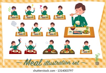 A set of school boy in sportswear about meals.Japanese and Chinese cuisine, Western style dishes and so on.It's vector art so it's easy to edit.