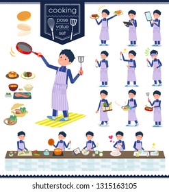 A set of school boy in sportswear about cooking.There are actions that are cooking in various ways in the kitchen.It's vector art so it's easy to edit.