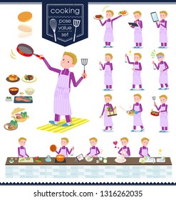A set of school boy in sportswear about cooking.There are actions that are cooking in various ways in the kitchen.It's vector art so it's easy to edit.