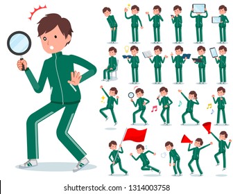 A set of school boy in sportswear with digital equipment such as smartphones.There are actions that express emotions.It's vector art so it's easy to edit.