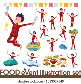 A set of school boy in sportswear on food events.There are actions that have a fork and a spoon and are having fun.It's vector art so it's easy to edit.