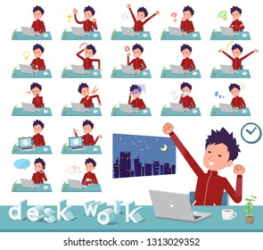 A set of school boy in sportswear on desk work.There are various actions such as feelings and fatigue.It's vector art so it's easy to edit.