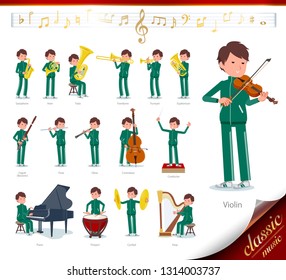 A set of school boy in sportswear on classical music performances.There are actions to play various instruments such as string instruments and wind instruments.It's vector art so it's easy to edit.