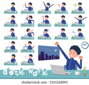 A set of school boy in sportswear on desk work.There are various actions such as feelings and fatigue.It's vector art so it's easy to edit.