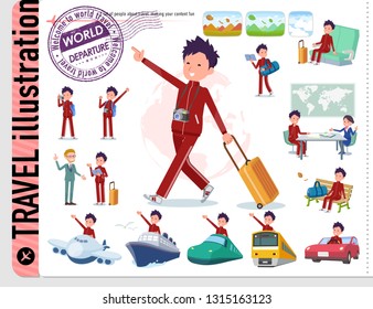 A set of school boy in sportswear on travel.There are also vehicles such as boats and airplanes.It's vector art so it's easy to edit.