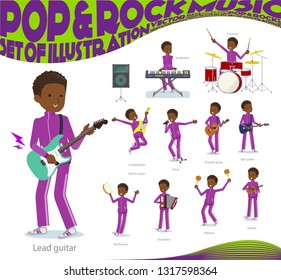 A set of school boy in sportswear playing rock 'n' roll and pop music.There are also various instruments such as ukulele and tambourine.It's vector art so it's easy to edit.