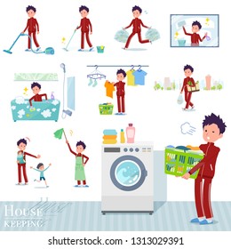 A set of school boy in sportswear related to housekeeping such as cleaning and laundry.There are various actions such as child rearing.It's vector art so it's easy to edit.