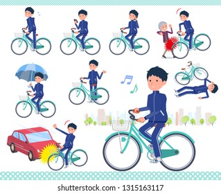 A set of school boy in sportswear riding a city cycle.There are actions on manners and troubles.It's vector art so it's easy to edit.