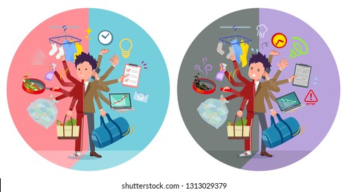 A set of school boy in sportswear who perform multitasking in offices and private.There are things to do smoothly and a pattern that is in a panic.It's vector art so it's easy to edit.