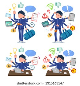 A set of school boy in sportswear who perform multitasking in the office.There are things to do smoothly and a pattern that is in a panic.It's vector art so it's easy to edit.