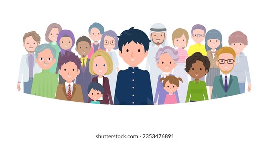 A set of School boy standing in front of a large number of people.It's vector art so easy to edit.