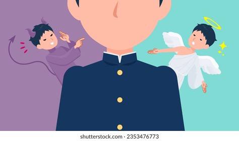 Un grupo de escolares luchando entre un ángel y un diablo. Es arte vectorial tan fácil de editar.