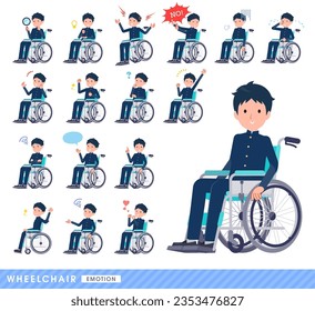 A set of School boy in a wheelchair.It depicts emotions such as laughter, anger, and trouble.It's vector art so easy to edit.