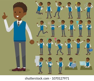 A set of School boy with who express various emotions.
There are actions related to workplaces and personal computers.
It's vector art so it's easy to edit.