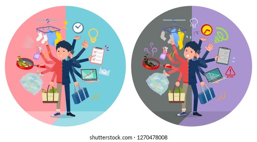 A set of school boy who perform multitasking in offices and private.There are things to do smoothly and a pattern that is in a panic.It's vector art so it's easy to edit.