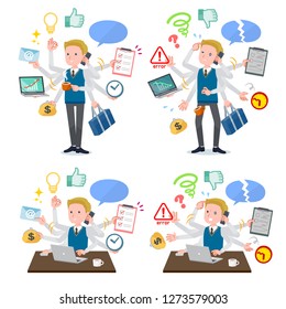 A set of school boy who perform multitasking in the office.There are things to do smoothly and a pattern that is in a panic.It's vector art so it's easy to edit.