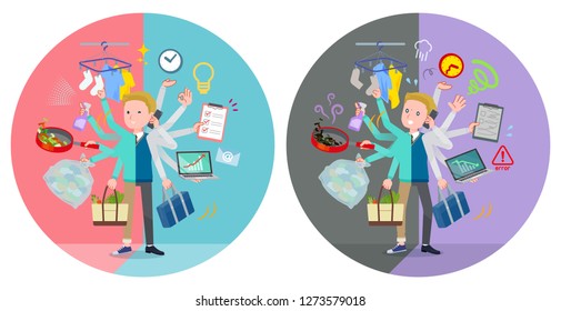 A set of school boy who perform multitasking in offices and private.There are things to do smoothly and a pattern that is in a panic.It's vector art so it's easy to edit.