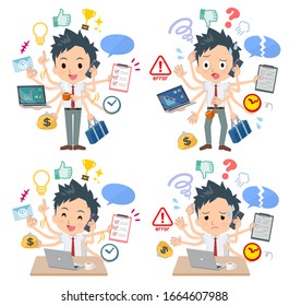 A set of school boy who perform multitasking in the office.There are things to do smoothly and a pattern that is in a panic.It's vector art so it's easy to edit.
