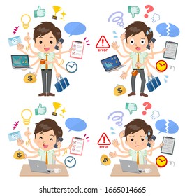 A set of school boy who perform multitasking in the office.There are things to do smoothly and a pattern that is in a panic.It's vector art so it's easy to edit.
