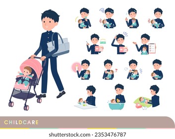 Un grupo de escolares que cuidan a su bebé. Es arte vectorial tan fácil de editar.