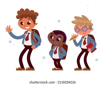set of school boys with backpacks