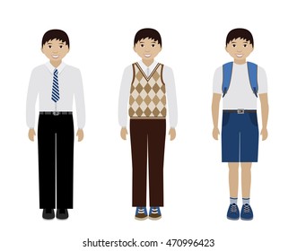 Set of school boys in different uniform clothes isolated on white flat vector cartoon illustration