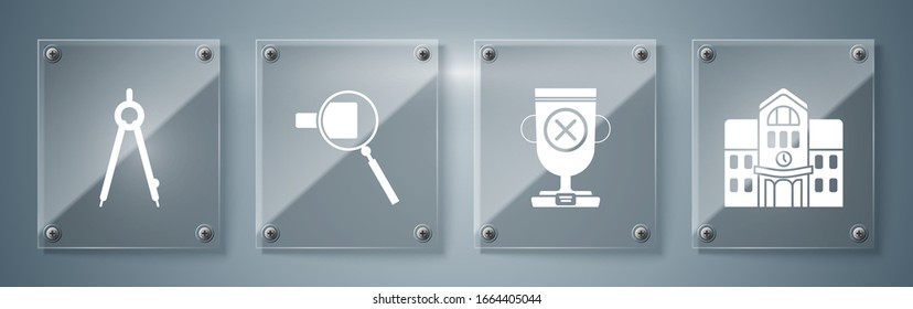 Edificio escolar, copa de premio, vidrio de aumento y brújula de dibujo. Paneles de vidrio cuadrado. Vector