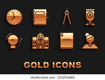 Set School building, Award cup, Teacher, Notebook, Ringing alarm bell, Drawing compass, Clock and  icon. Vector