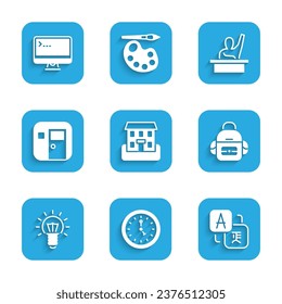 Set School building, Clock, Translator, backpack, Light bulb, classroom, Male kid raising hand and Computer monitor icon. Vector