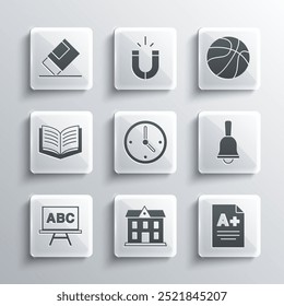 Set School building, Exam sheet with A plus grade, Ringing bell, Clock, Chalkboard, Open book, Eraser or rubber and Basketball ball icon. Vector