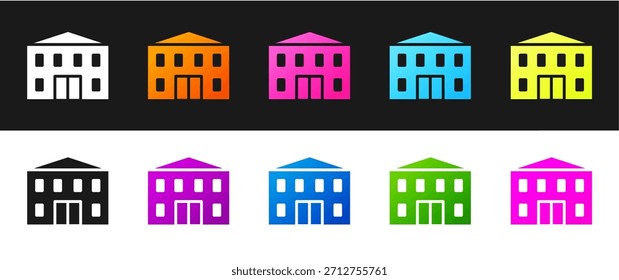 Conjunto Icono de edificio escolar aislado en fondo blanco y negro.  Ilustración vectorial