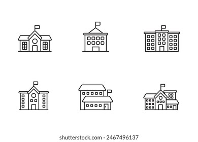 Set of school building icons in linear style on a white background