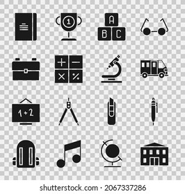 Set School building, Pen, Bus, ABC blocks, Calculator, backpack, Spiral notebook and Microscope icon. Vector
