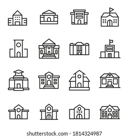 Set of school building related vector line icons. Premium linear symbols pack. Vector illustration isolated on a white background. Web symbols for web sites and mobile app. Trendy design.