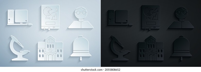 Establecer la construcción escolar, Estudiante, Microscopio, campana de sonido, tablero con gráfico gráfico de gráficos y teclado y ratón de monitor de computadora. Vector