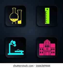 Set School building, Test tube and flask chemical laboratory test, Microscope and Ruler. Black square button. Vector