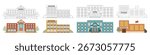 Set of School buildings. Various school buildings. Black and white outline and color vector illustrations of school exterior. Educational icons, logos