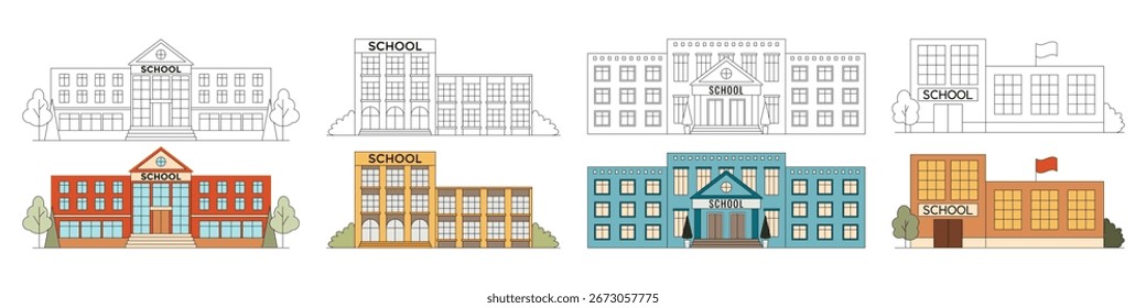 Conjunto de edifícios escolares. Vários prédios escolares. Contorno preto e branco e ilustrações de vetor de cor do exterior da escola. Ícones educacionais, logotipos